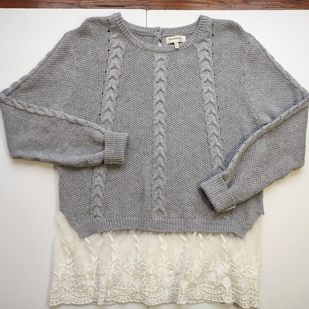 Monteau Soft Knit Sweater Top Lace Hem Size XL Boho Romantic Indie Girl